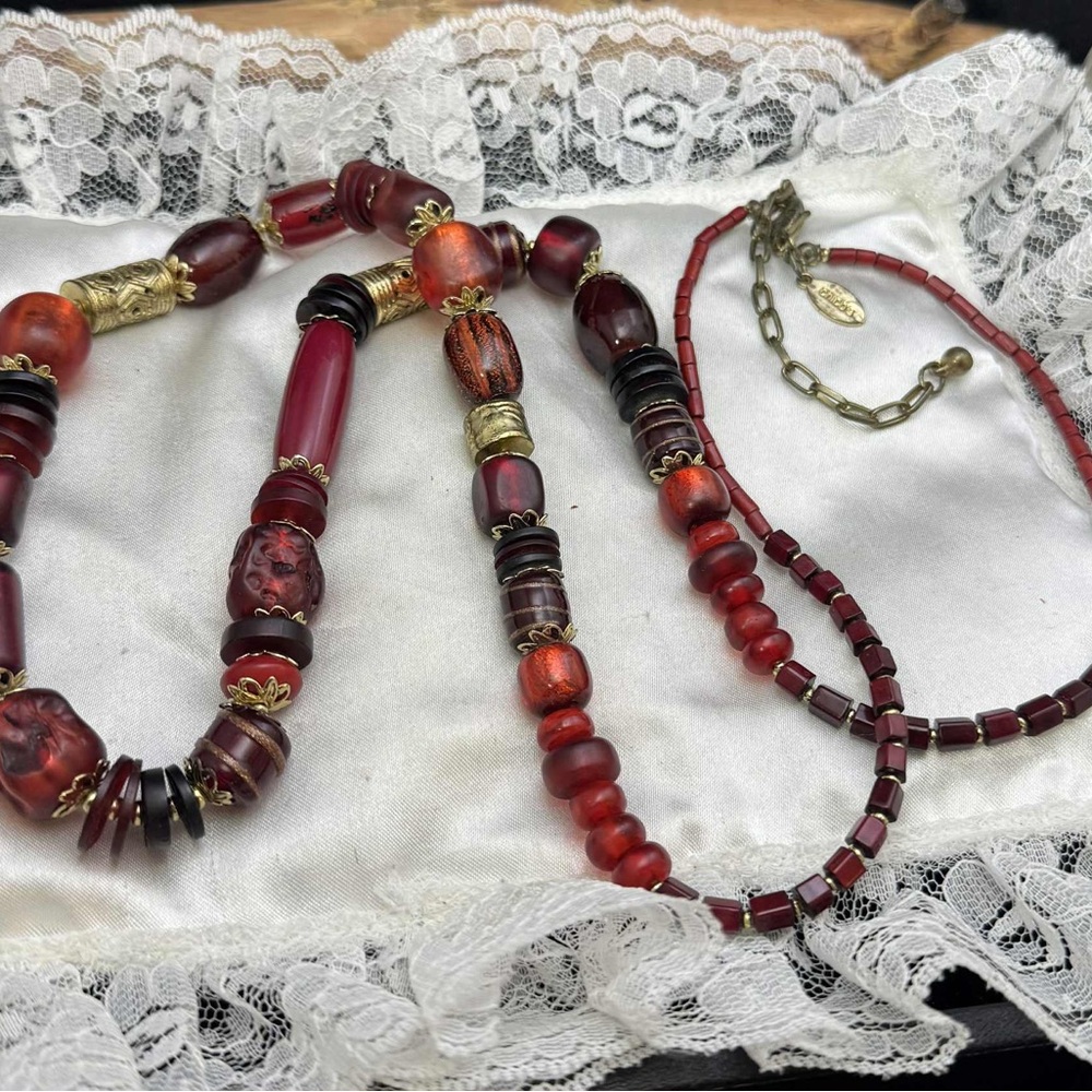 Chico's Red and Gold Tone Long Beaded Necklace
